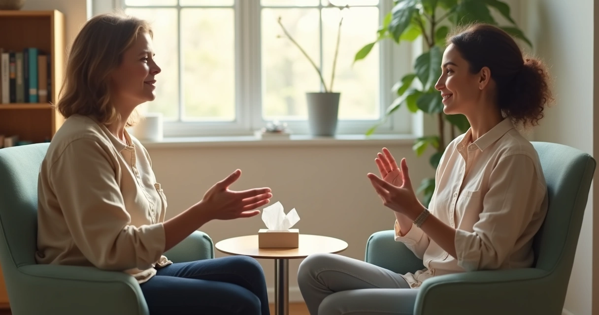 Duas pessoas em conversa acolhedora em ambiente claro 