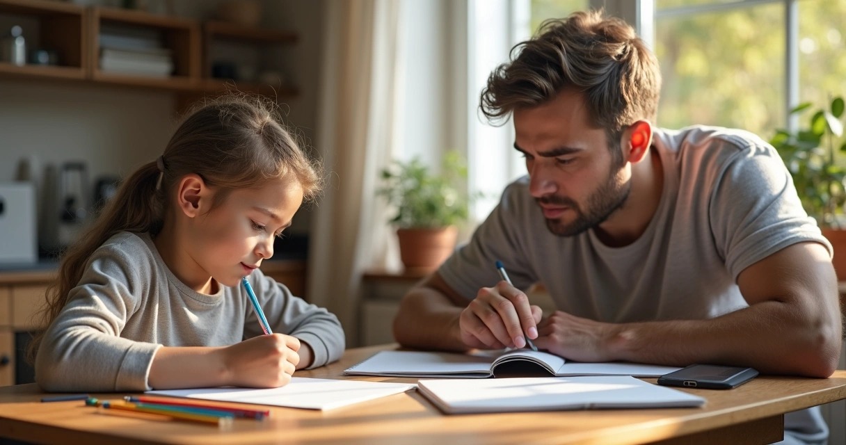Pai acompanha criança nos estudos, ambos sentados à mesa com livros abertos 