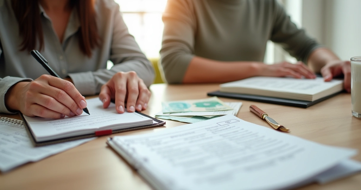 Duas mãos organizando contas e caderno sobre mesa clara