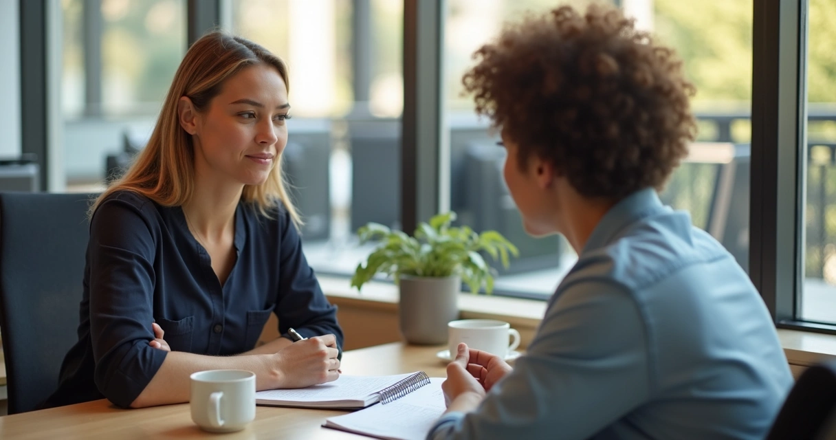 Dois colegas conversando com respeito em ambiente de escritório 
