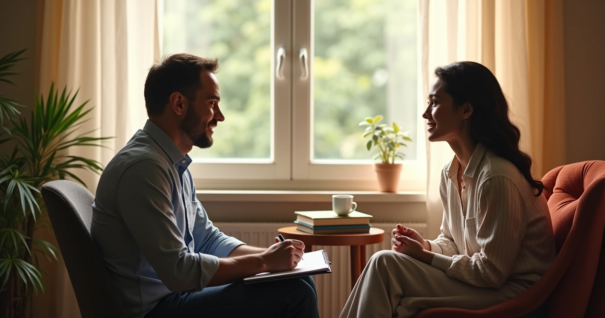 Pessoa falando com profissional de psicologia em ambiente acolhedor