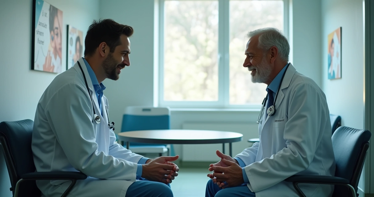 Dois médicos conversam em uma sala de apoio, um deles parece abalado enquanto o outro oferece suporte. 