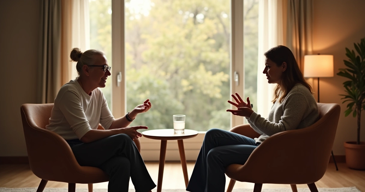 Duas pessoas sentadas conversando com postura acolhedora 