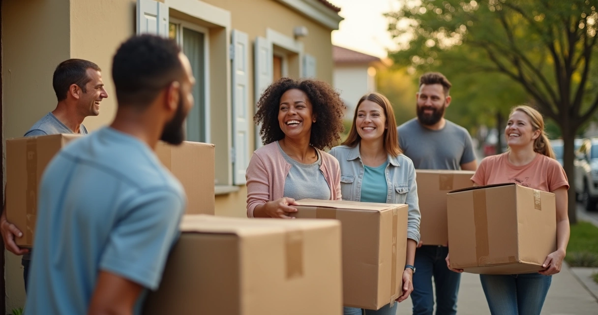 Grupo de pessoas se ajudando durante uma mudança de casa