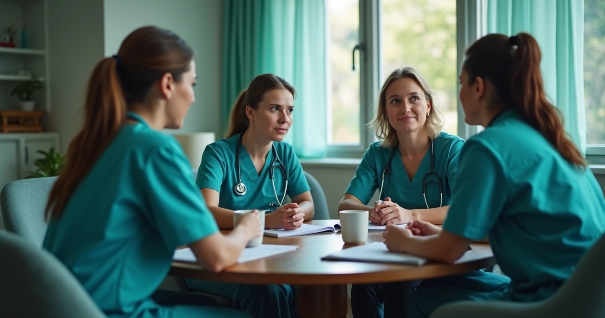Enfermeiros conversando sobre saúde mental em ambiente de apoio psicológico 