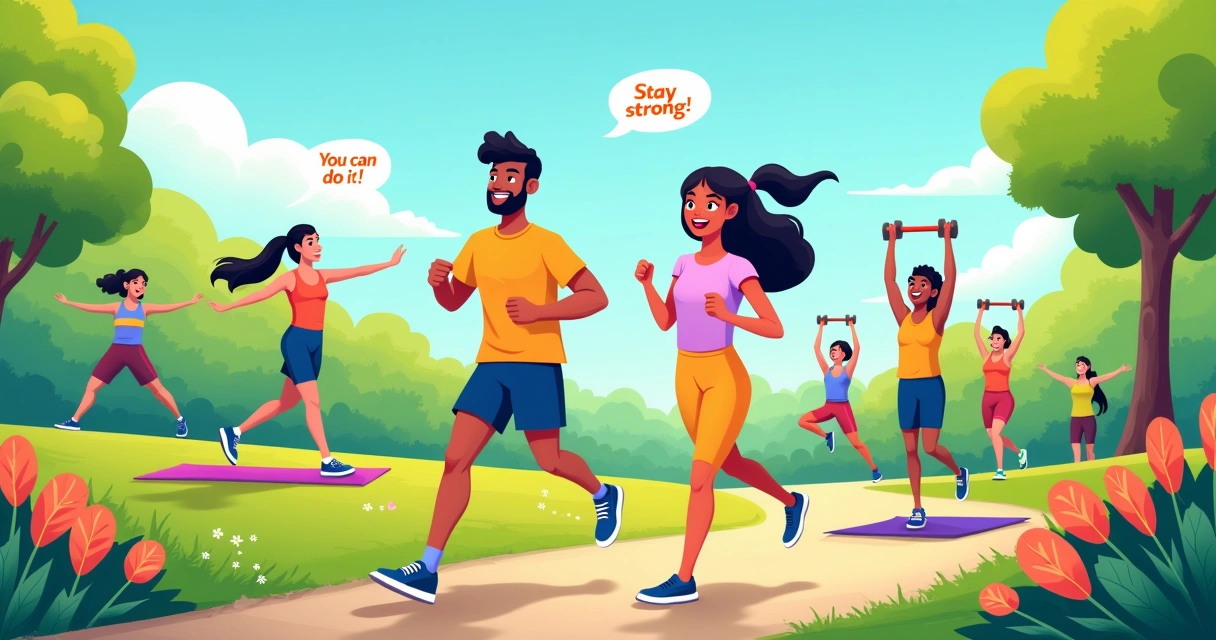Grupo diverso de amigos se exercitando juntos em um parque, simbolizando apoio social e motivação.