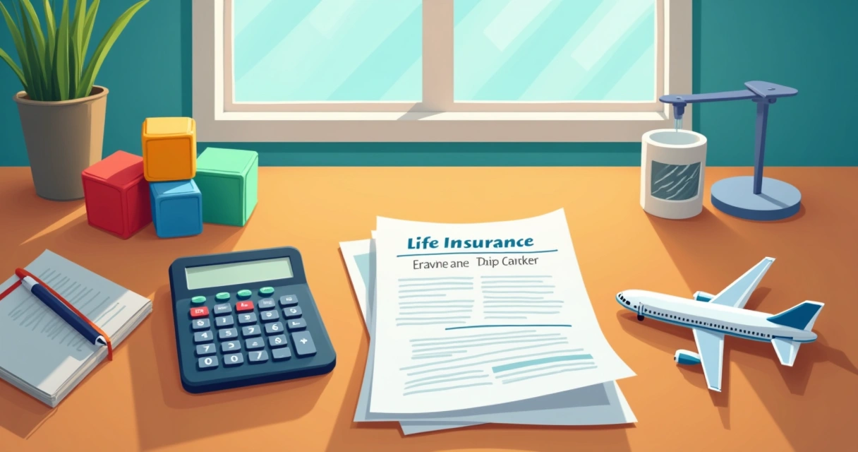 Calculadora e apólice de seguro ao lado de brinquedo infantil 