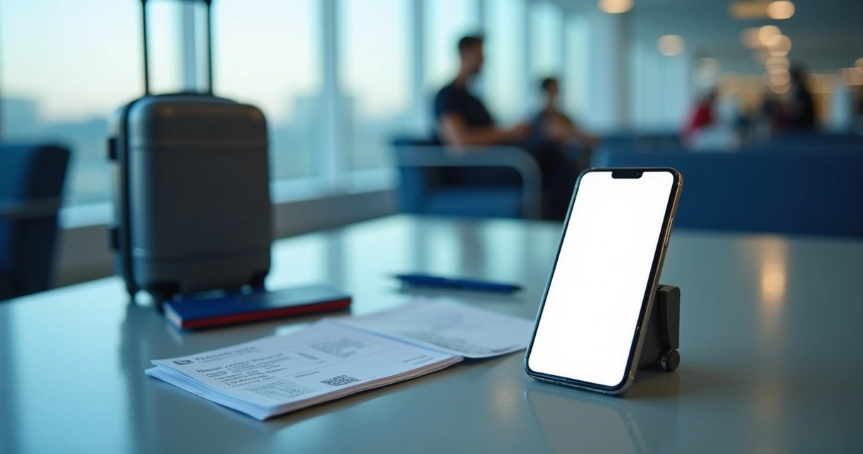 Apólice digital de viagem no celular com passaporte e mala 