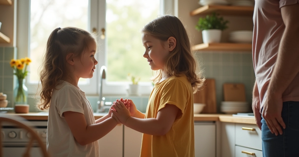 Older child apologizing to younger sibling in the kitchen 