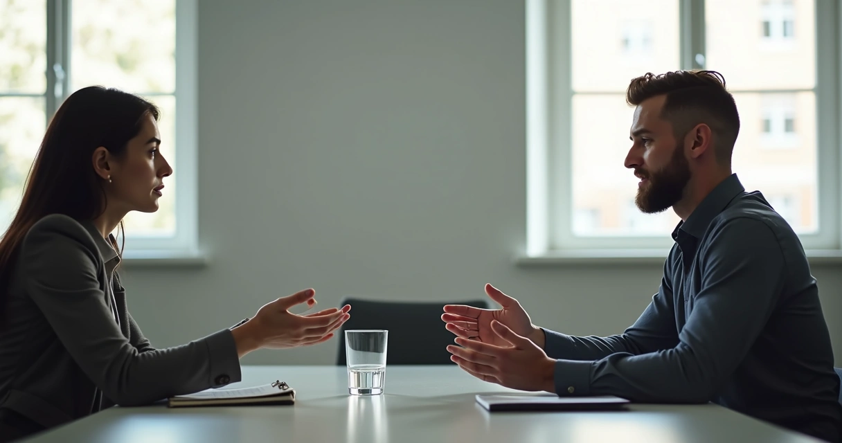 Two coworkers in a quiet office having a sincere apology conversation