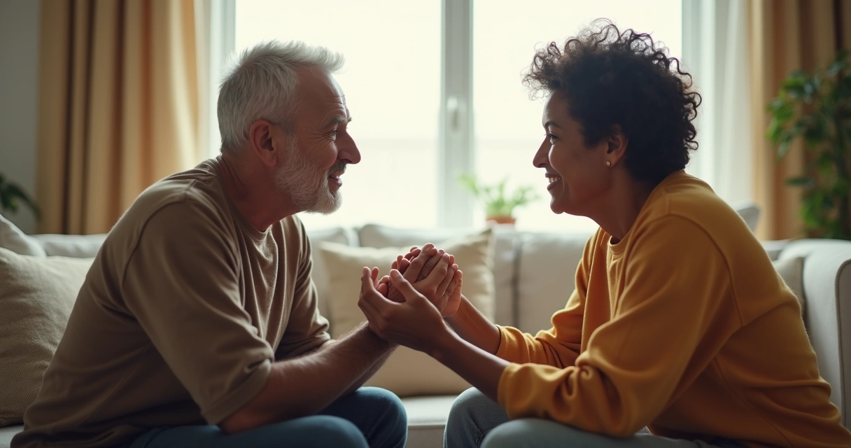 Two people communicating sincerely in living room