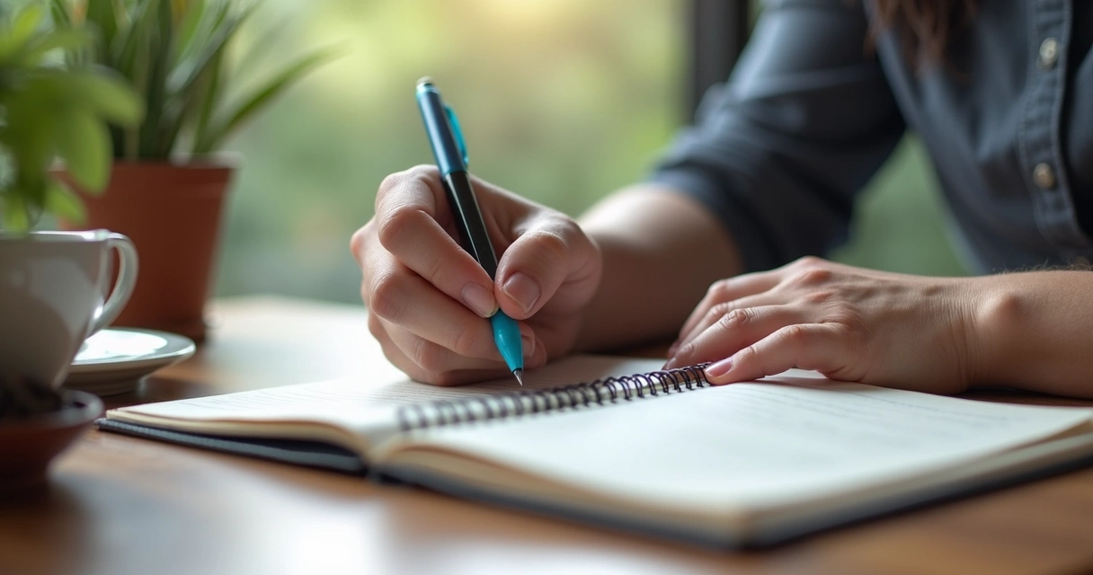 Pessoa escrevendo reflexões em um caderno, com caneta azul, sentado em ambiente iluminado e sereno 