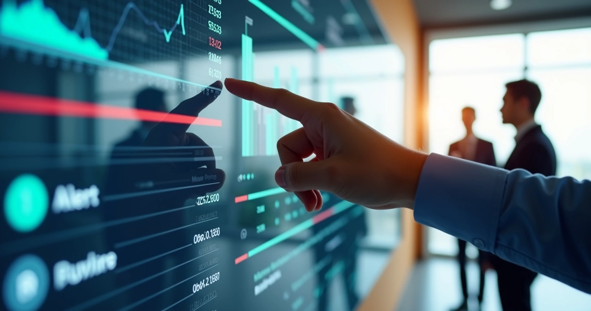 Profissional apontando para dashboard de dados digitais