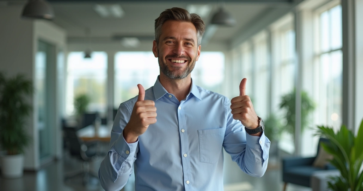 Homem sorrindo apontando para si por uma conquista
