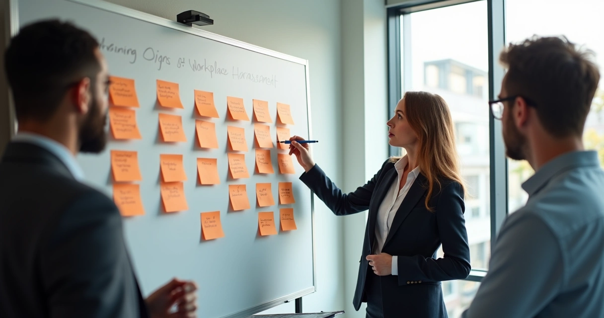 Pessoa apontando para um quadro com sinais de assédio em ambiente profissional. 
