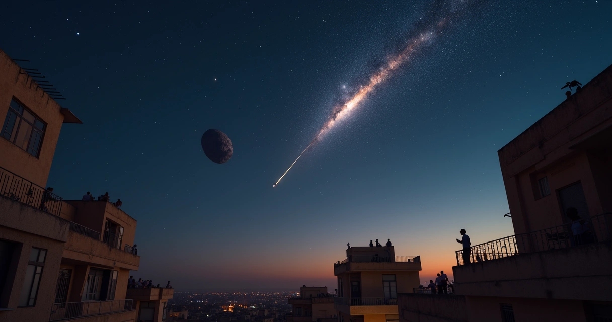 Asteroide Apophis brilhante no céu acima de prédios na África