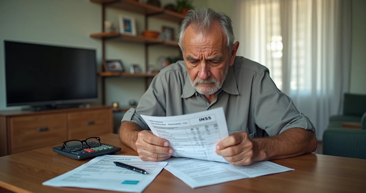 Idoso preocupado conferindo extrato bancário com cartão consignado na mesa 