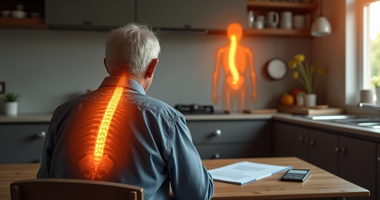 Pessoa idosa sentada em casa, de costas, olhando documentos de aposentadoria do INSS e coluna desenhada ao fundo 