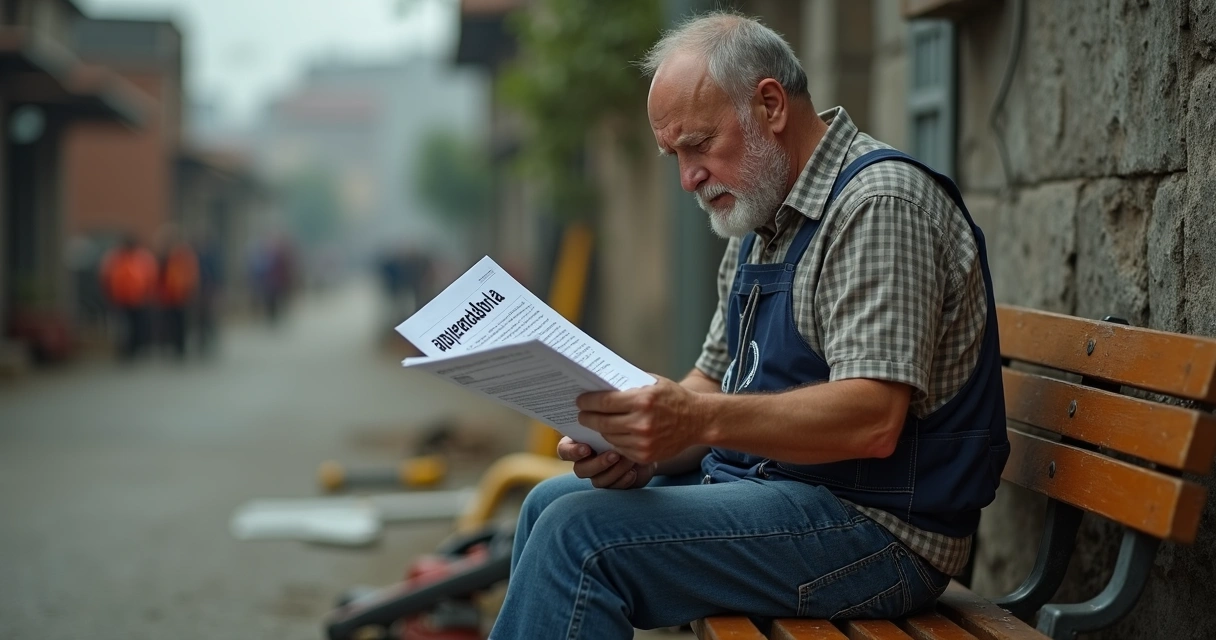 Trabalhador segurando documento de aposentadoria sentado com expressão séria 