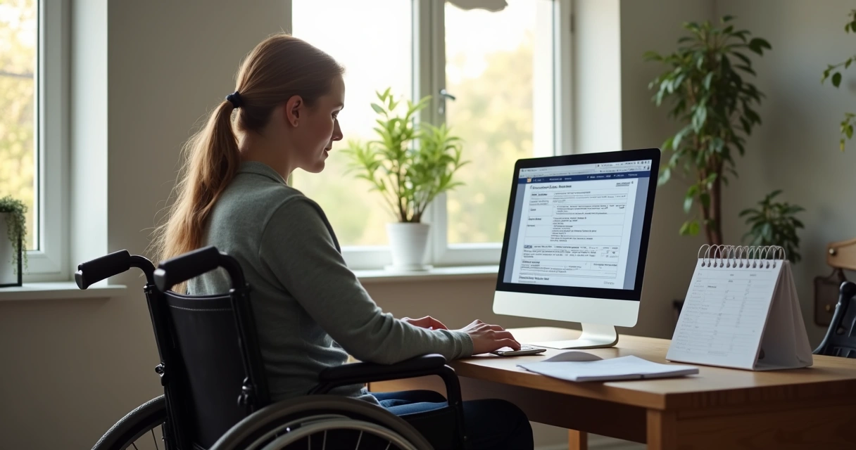 Pessoa em cadeira de rodas ao lado de computador analisando benefício de aposentadoria 
