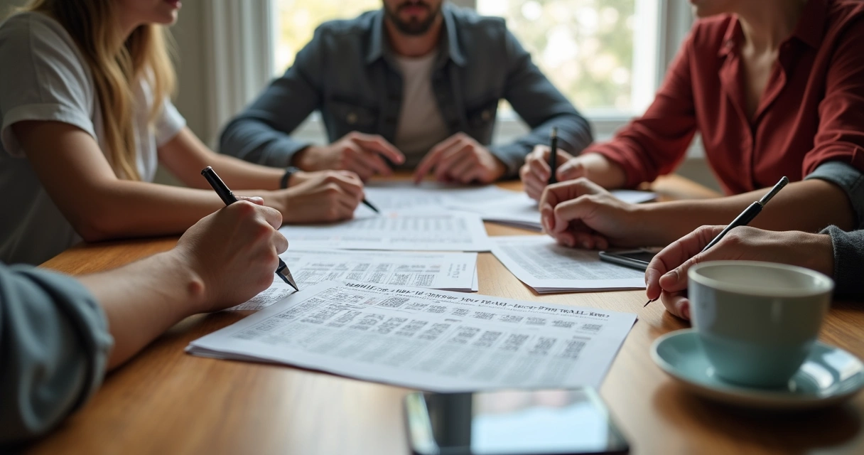 Pessoa preenchendo volante Mega-Sena ao lado de amigos 