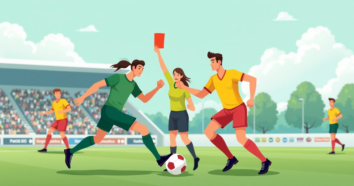 Jogadores de futebol em uma partida intensa com cartões amarelo e vermelho destacados 