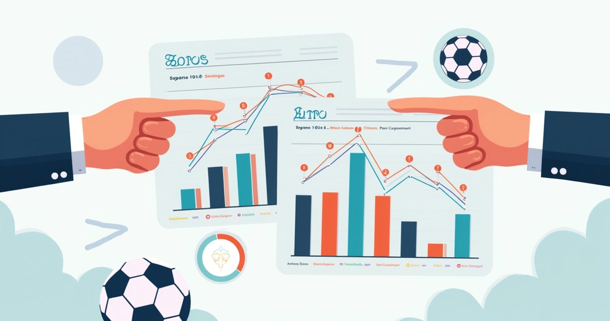 Duas mãos apontando para gráficos estatísticos de futebol, ilustrando correlação de dados 