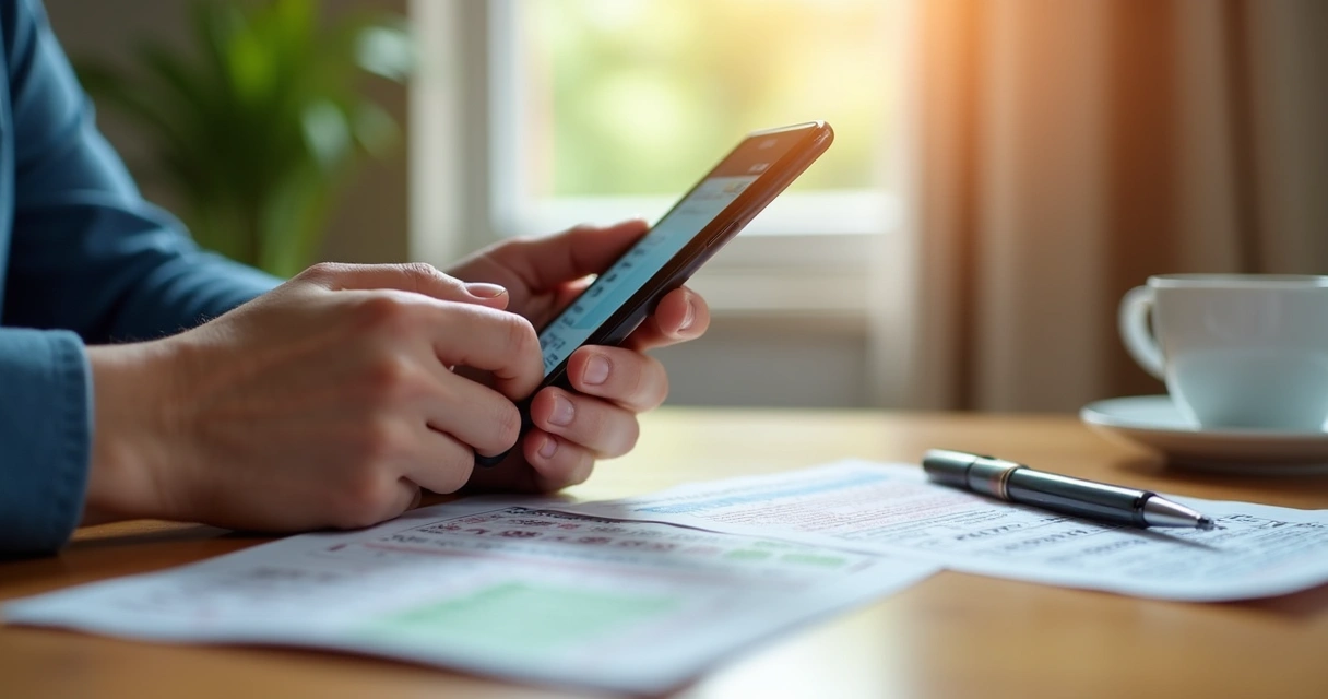 Pessoa realizando aposta na Lotofácil pelo celular com bilhete ao fundo 