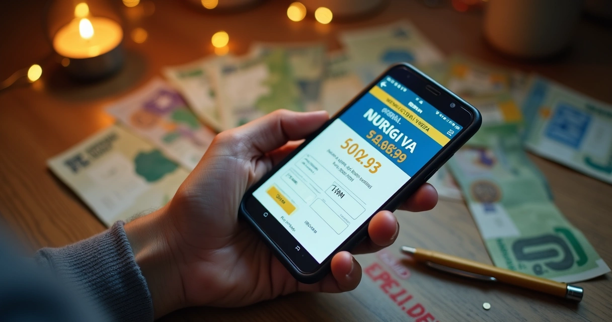 Pessoa fazendo aposta da Mega da Virada em smartphone com cédulas próximas 