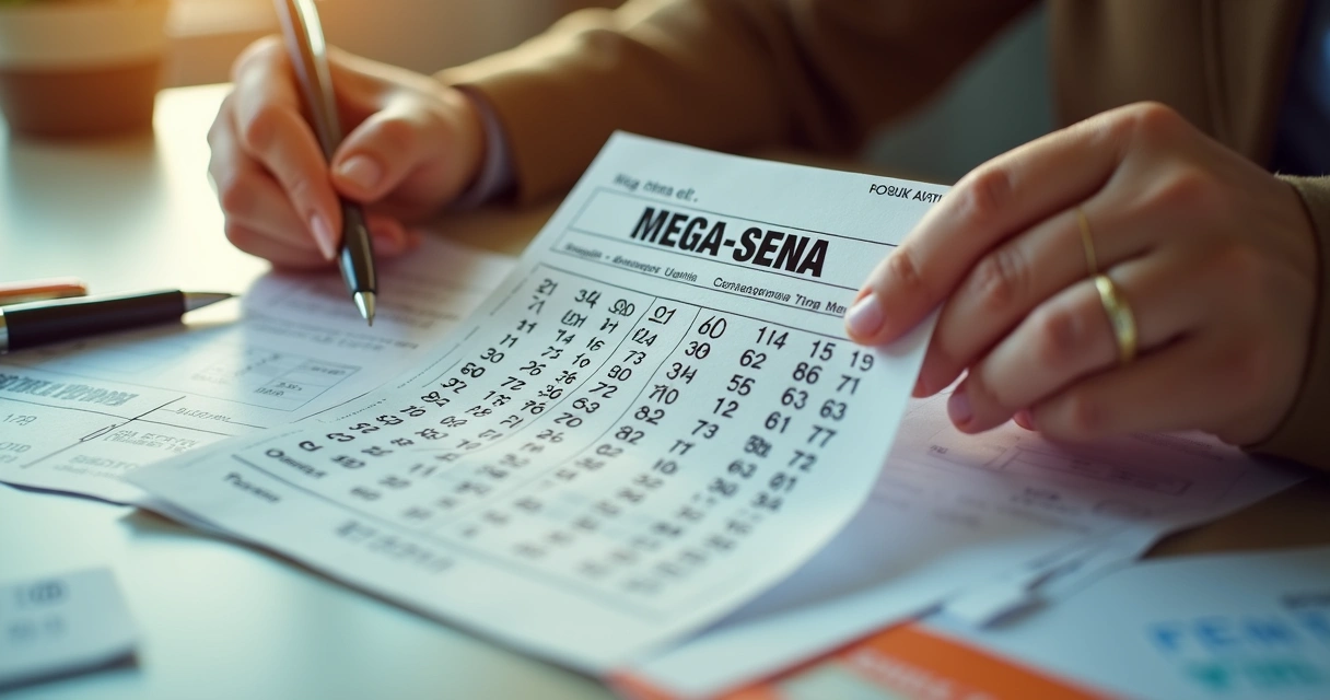 Pessoa segurando um volante de aposta da Mega-Sena com números marcados randomicamente 