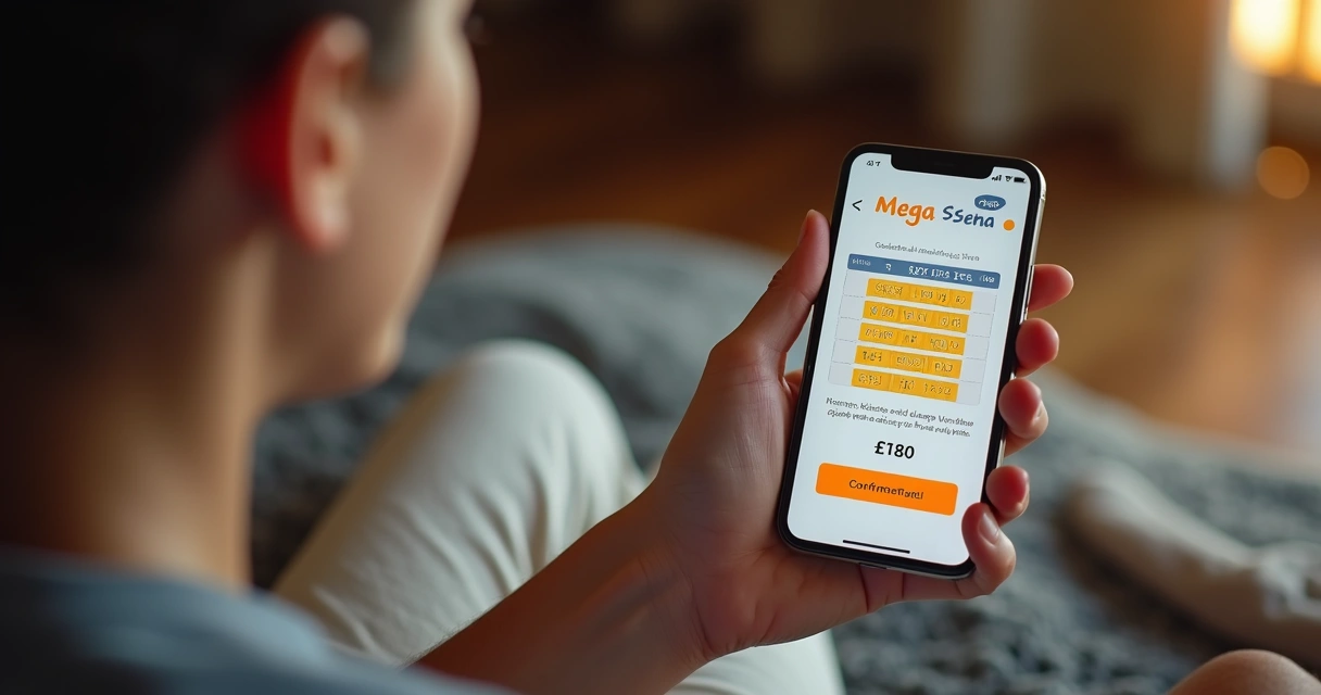 Pessoa segurando celular mostrando tela de aposta na Mega-Sena com dezenas marcadas 