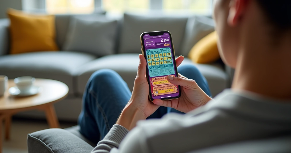 Pessoa usando aplicativo de loteria online no celular 