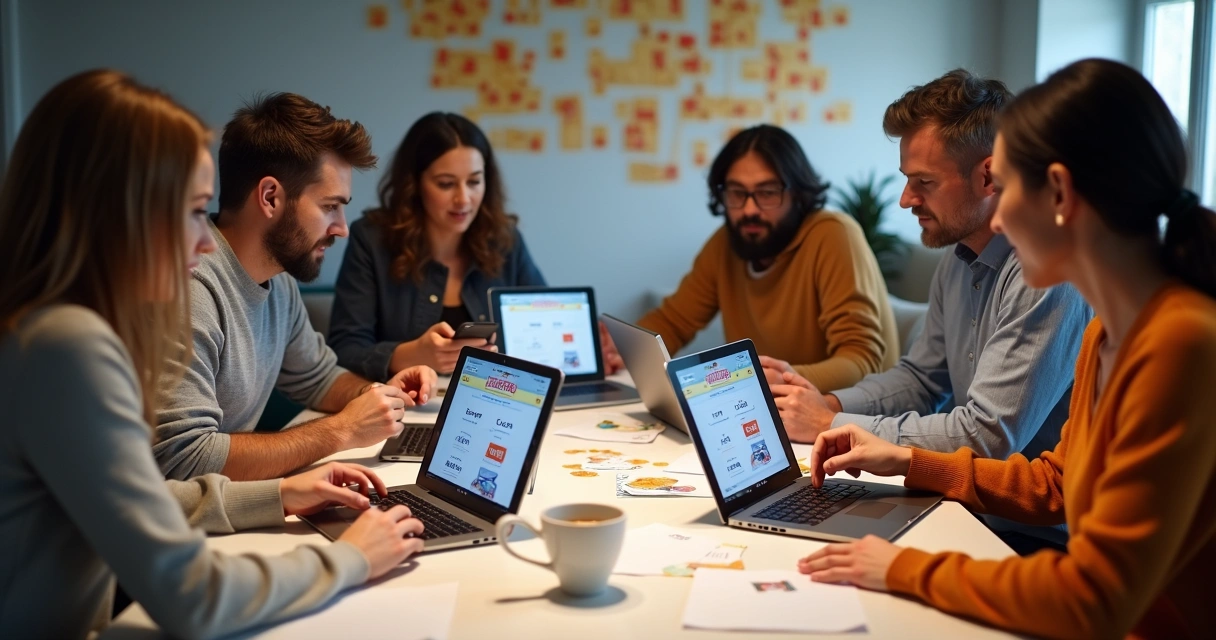 Apostadores em frente a laptops compartilhando apostas de bolão em ambiente moderno 