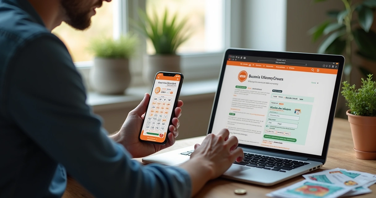 Pessoa usando notebook e celular para apostar no Dia de Sorte 