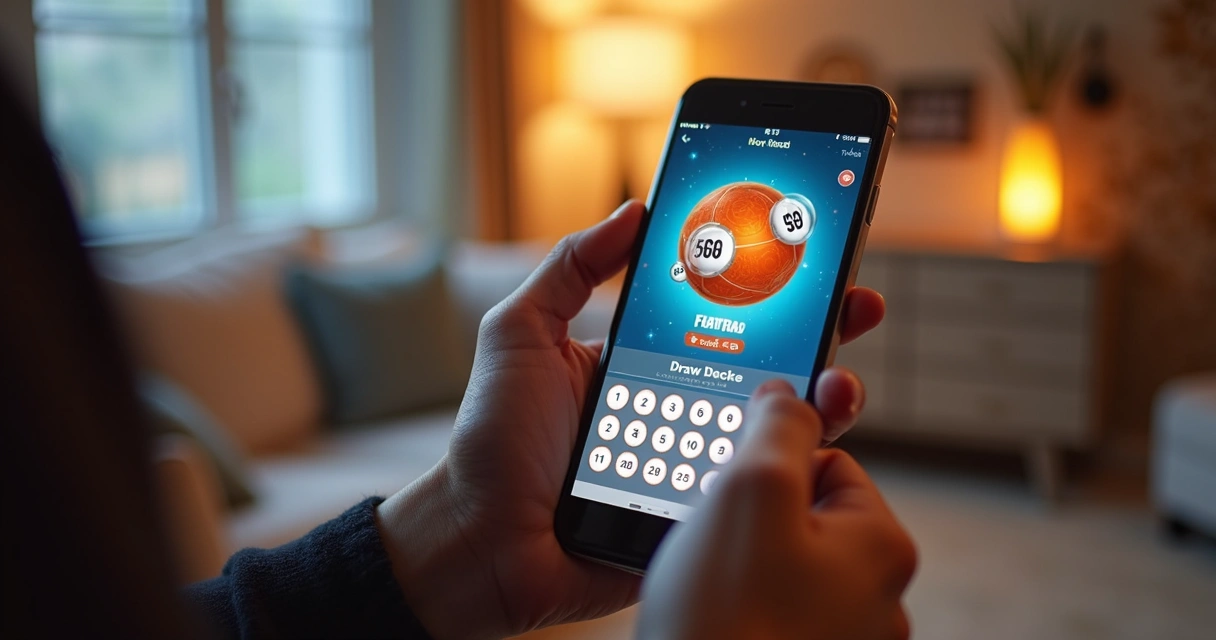 Pessoa acessando aplicativo de loteria em smartphone, conferindo sorteio ao vivo 