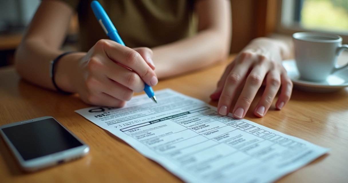 Pessoa preenchendo bilhete da Quina, caneta azul, cartela e bolso de camisa 