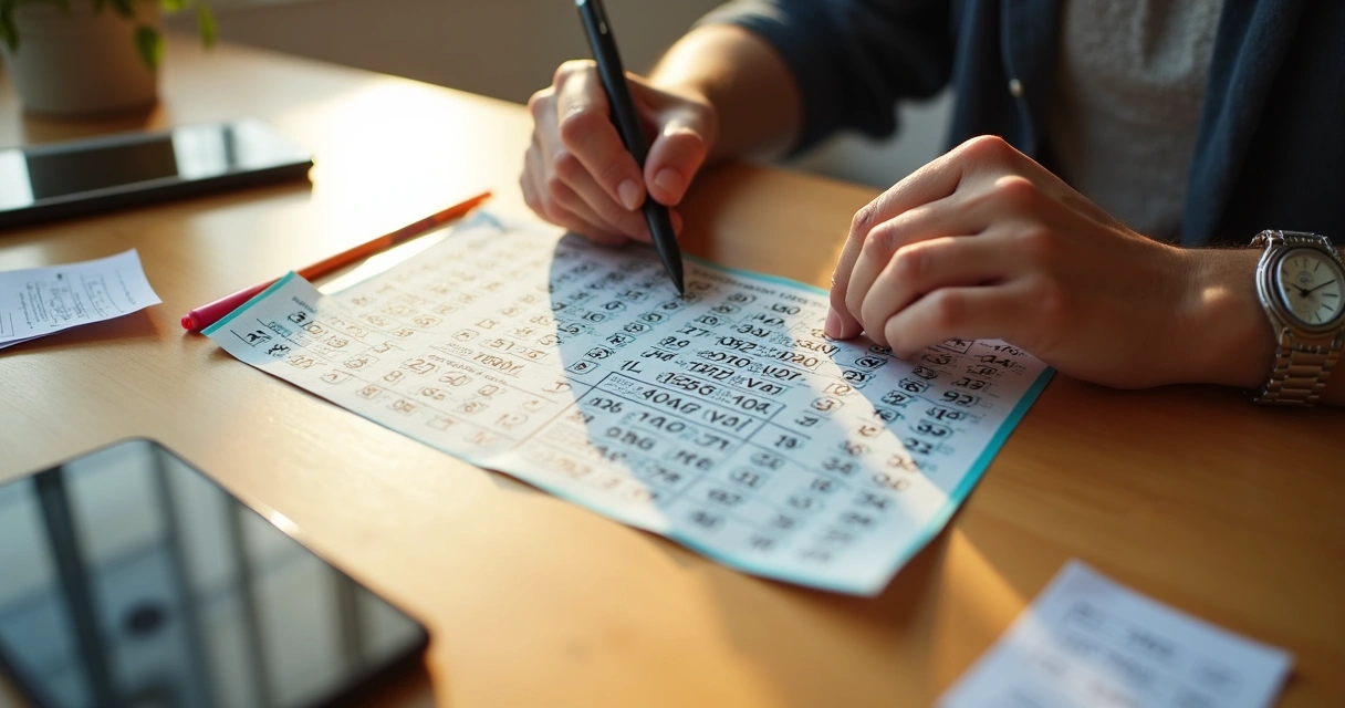 Pessoa analisando volante da Quina com várias combinações de números 