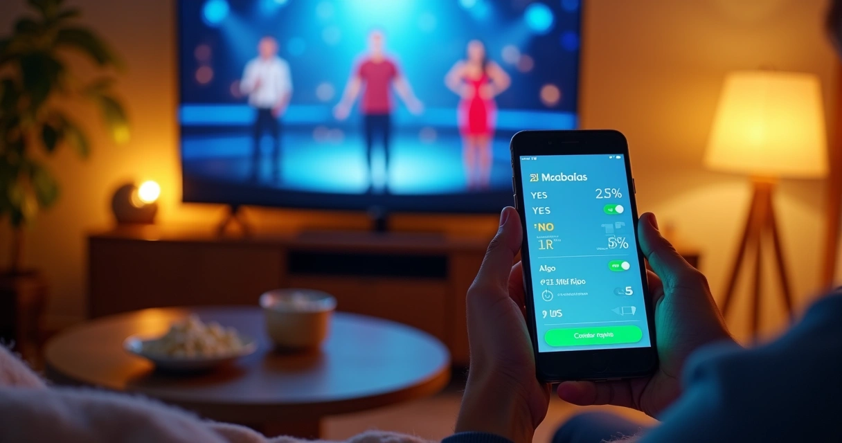 Pessoa usando celular para apostar enquanto assiste reality show na TV 
