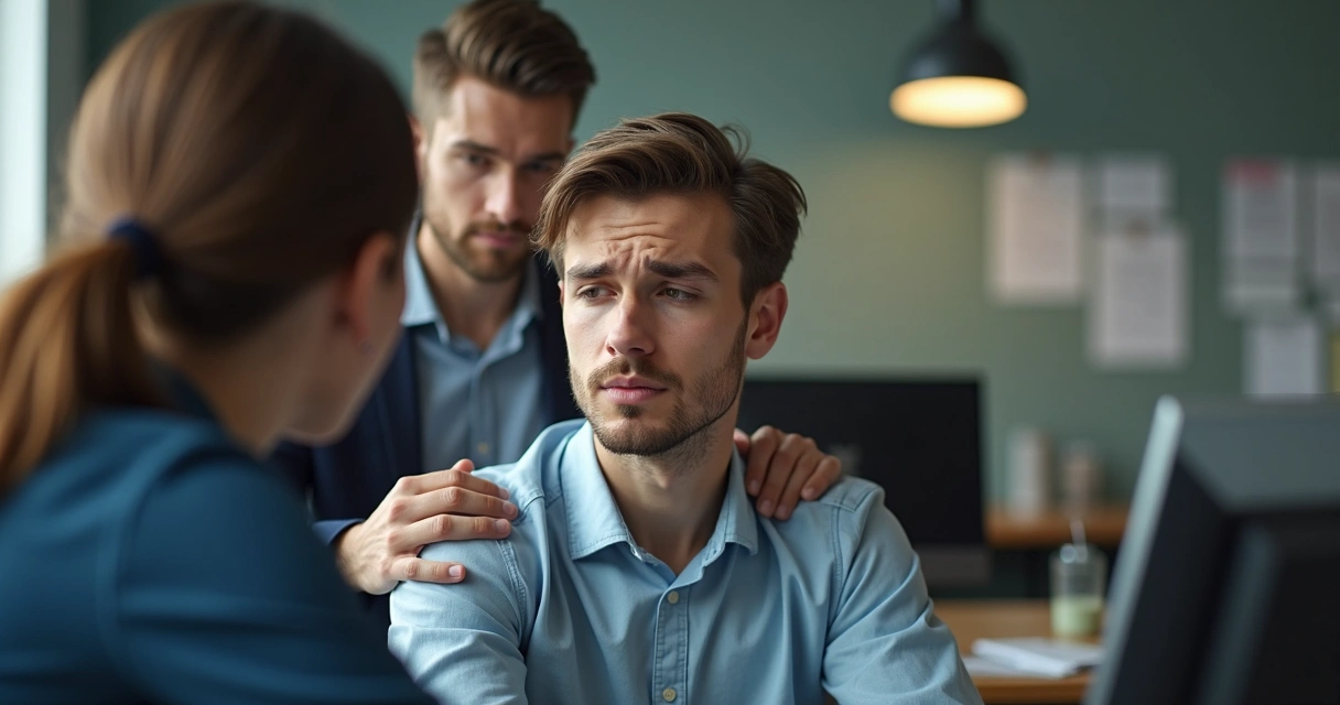Homem jovem apoiado por colegas no escritório