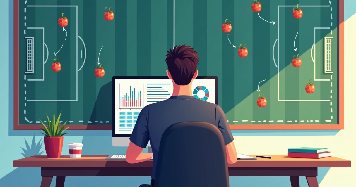 Apostador analisando gráficos de escanteios em computador com lousa ao fundo. 