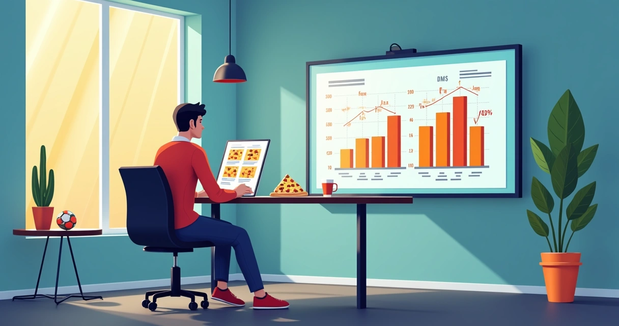 Homem analisando estatísticas de futebol em painel com gráficos e números 
