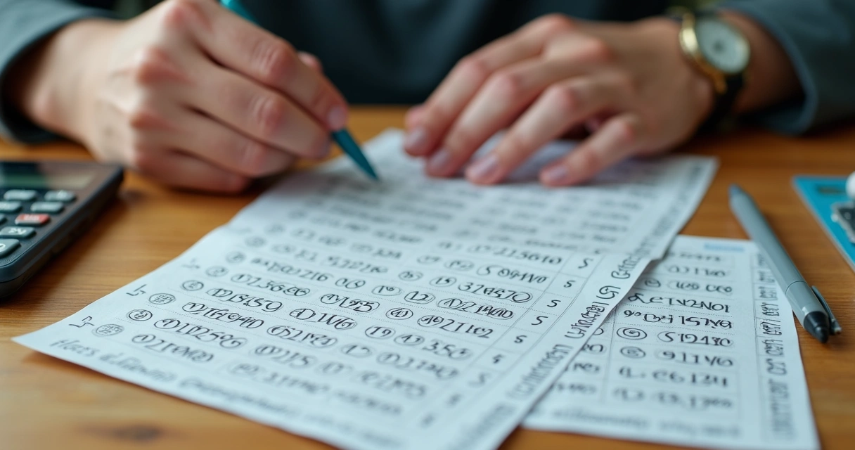 Pessoa analisando cartões de Lotofácil com dezenas marcadas 