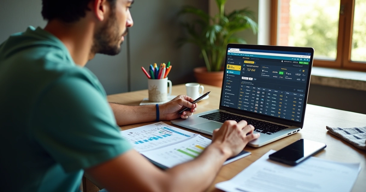 Apostador analisando opções de aposta em uma mesa com blocos de notas e gráficos