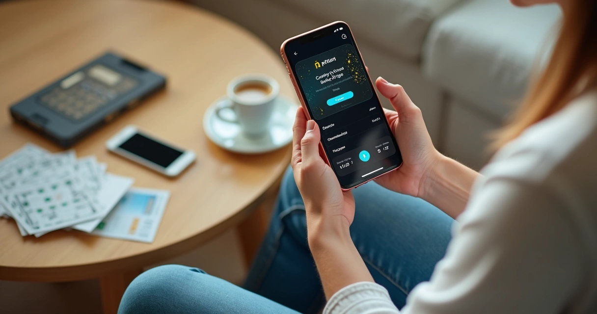 Pessoa recebendo prêmio da loteria via aplicativo no celular 