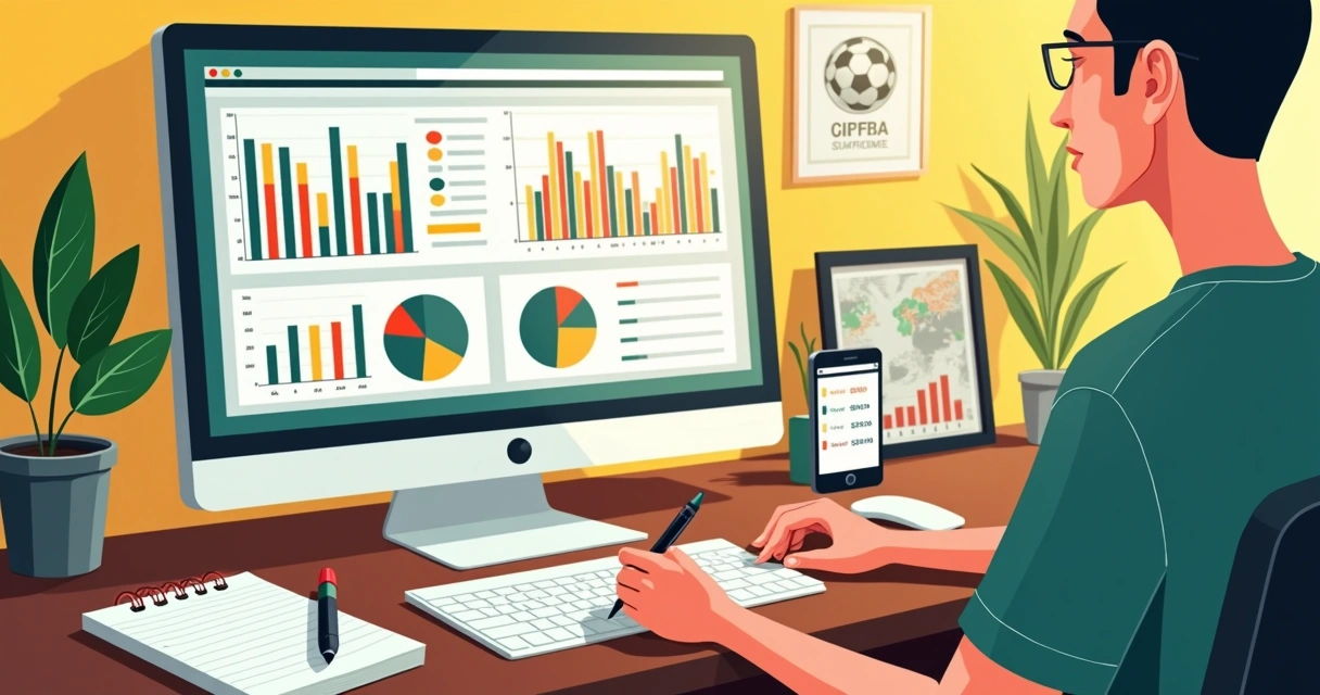 Pessoa testando modelo estatístico em computador com gráficos esportivos 