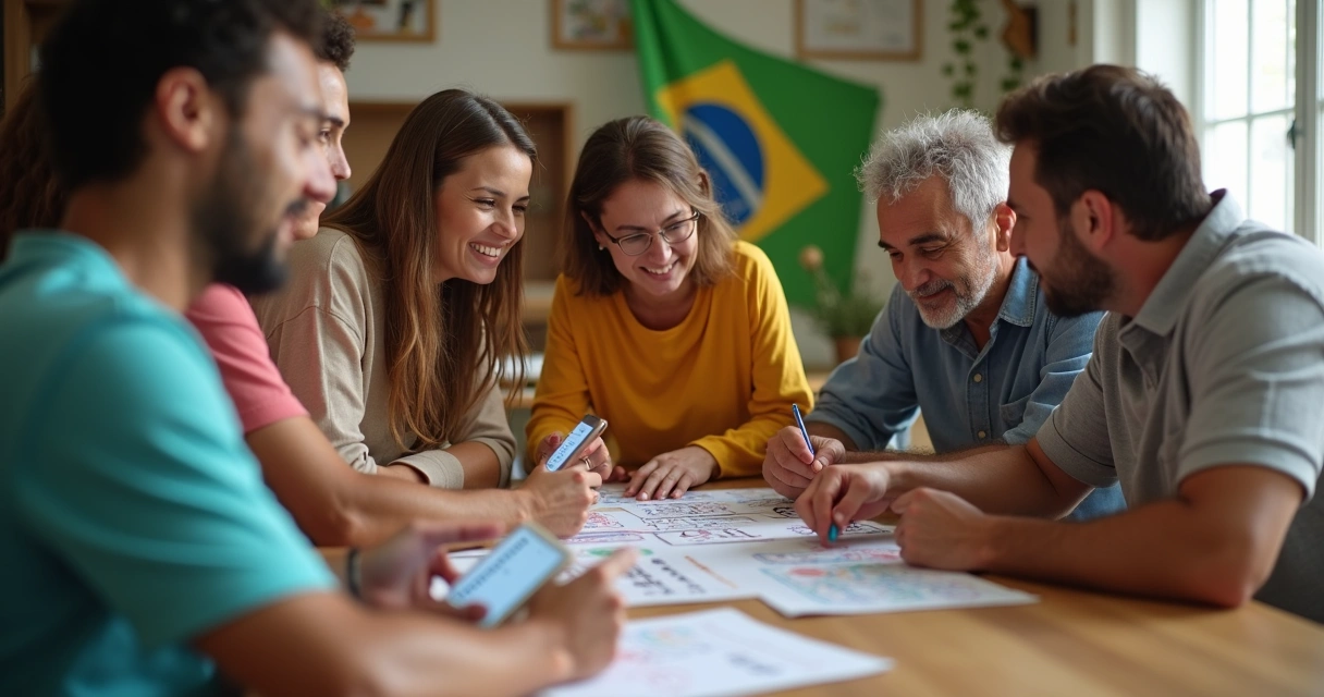Grupo marcando aposta da Dupla Sena online em celular e papel 