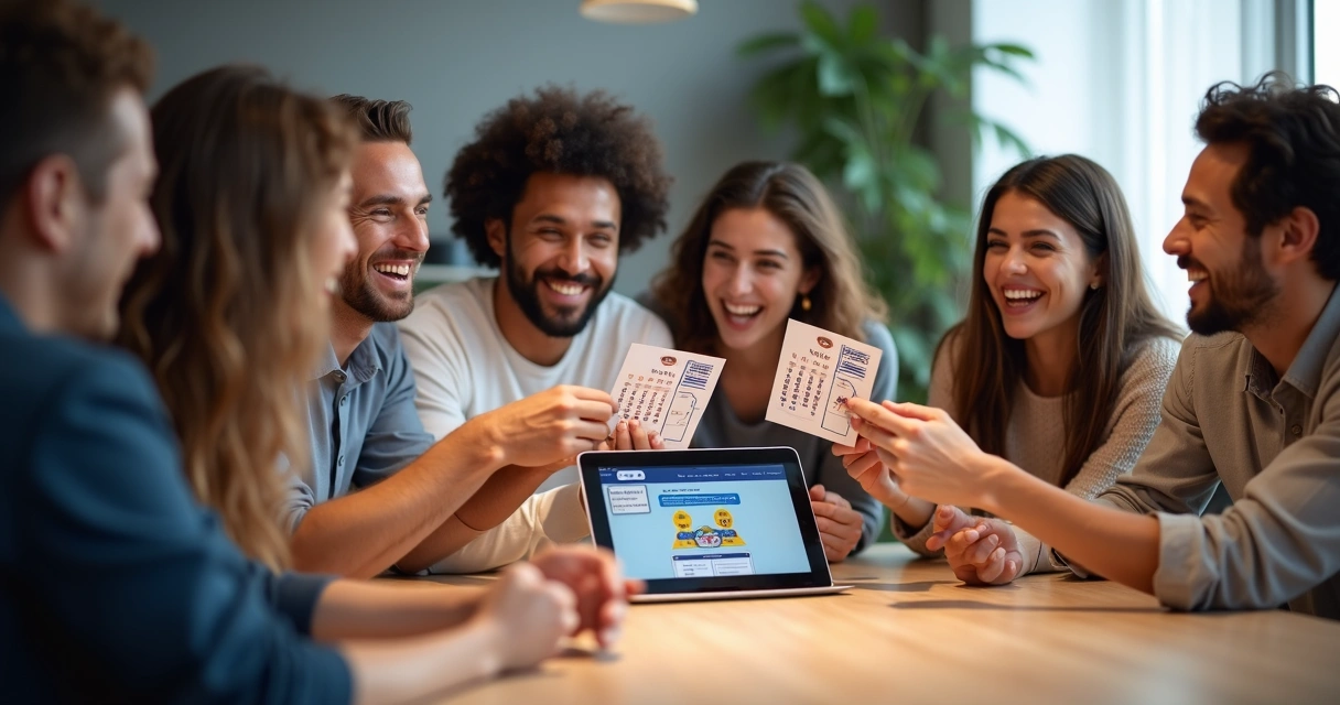 Grupo de pessoas segurando bilhetes de bolão Lotofácil juntos 
