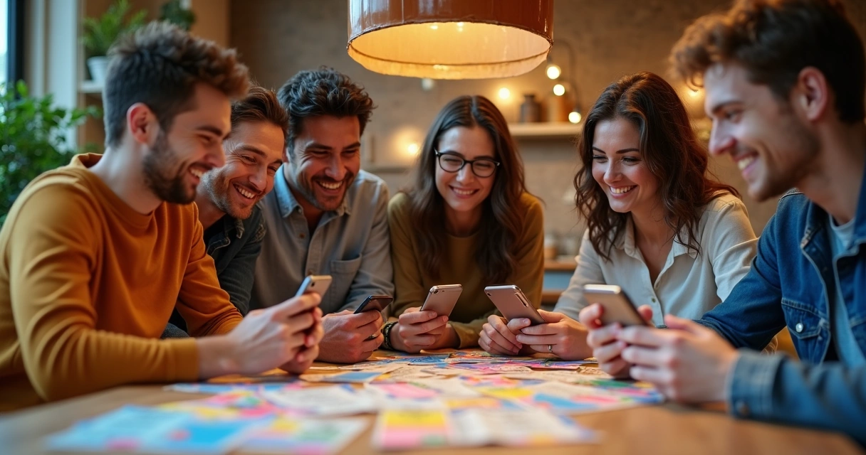 Grupo de pessoas conferindo bilhetes de loteria da Quina com expressão animada 