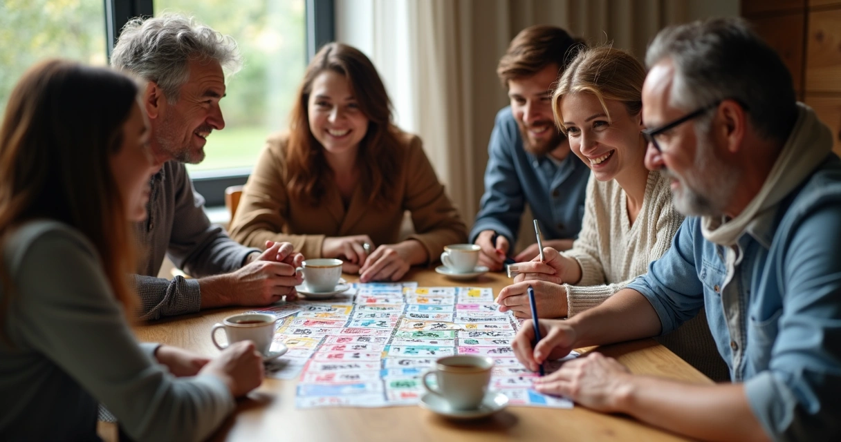 Pessoas reunidas marcando números para bolão da Mega-Sena 