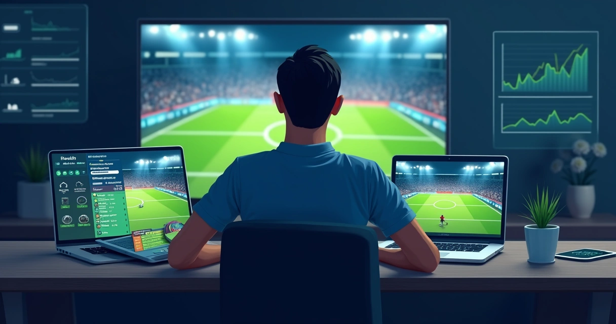 Pessoa apostando ao vivo em futebol com dispositivos mostrando partidas em tempo real 